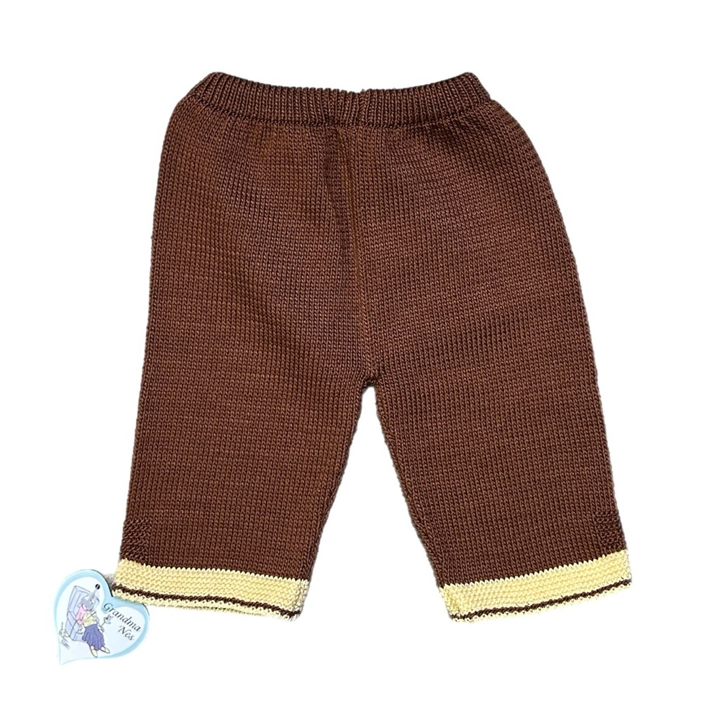 Grandma Nes Hand-Knit Brown Baby Pants with Cream Trim - Picture 3 of 6